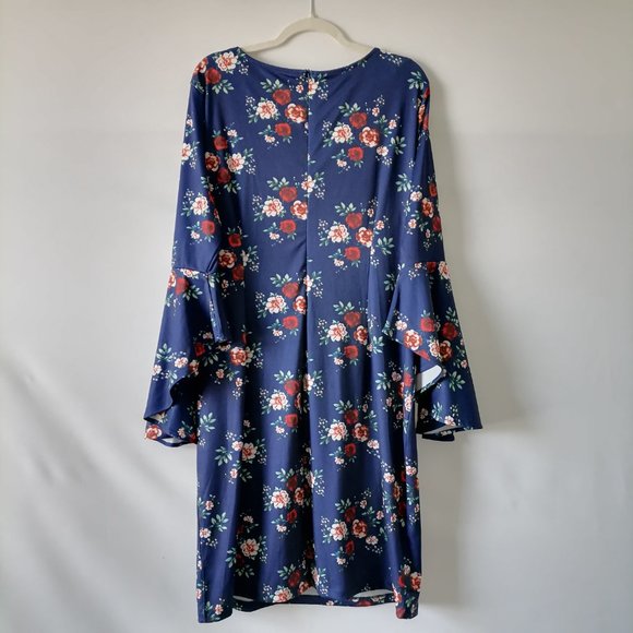 Haute Edition Womens Navy Blue Bell Sleeve Round Neck Floral Shift Dress Size 1X - Picture 5 of 10